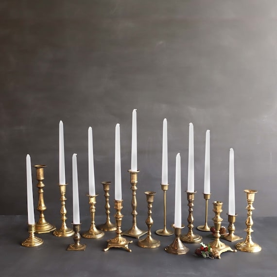 Mismatched Brass Candlestick Set with Graduated Heights and Turned Details