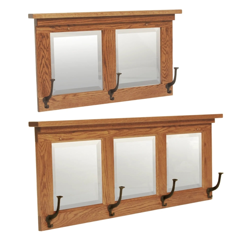 Mission Style Wood Wall Mirrors with Black Hooks Entryway Set