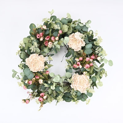 Mixed Botanical Wreath with Eucalyptus and Cream Blossoms
