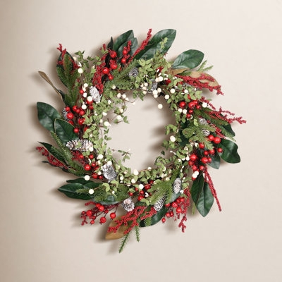 Mixed Foliage Holiday Wreath with Eucalyptus and Red Berry Accents
