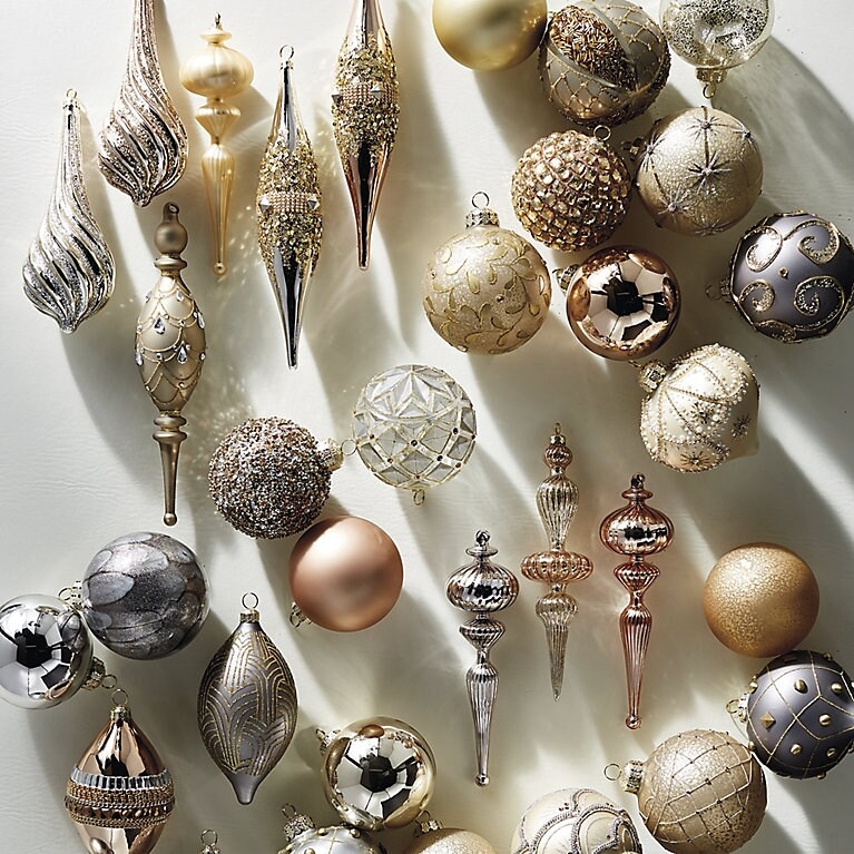Mixed Metal Christmas Tree Theme Etched and Glittered Ornaments