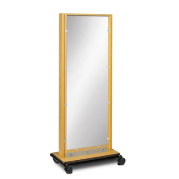 Mobile Floor Mirror Wood-Toned Frame Rolling Casters H-Base