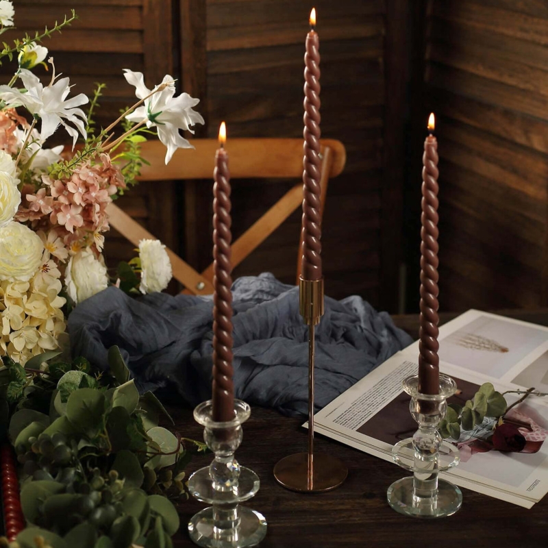 Mocha Brown Spiral Taper Candles for Moody Dining Table Candle Decor.