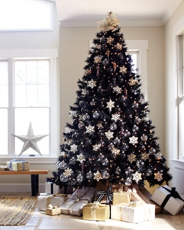 Modern Black Christmas Tree Decor with Copper Accents and Warm Lights