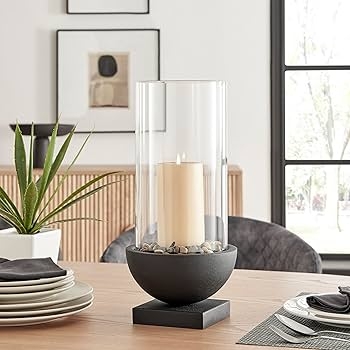 Modern Black Pedestal Candle Holder Glass Hurricane Sleeve Wide Base