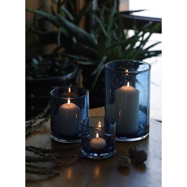 Modern Blue Glass Candle Holder Set Translucent Tiered Cylinders
