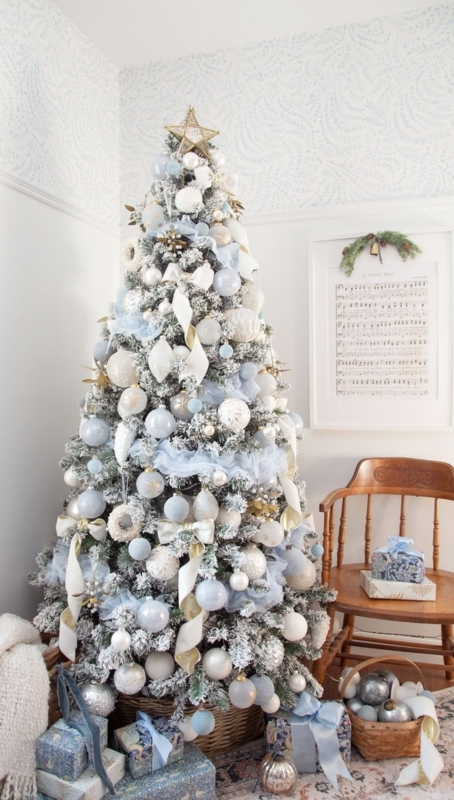 Modern Christmas Tree Decor Navy Buffalo Check Ribbon White Poinsettias