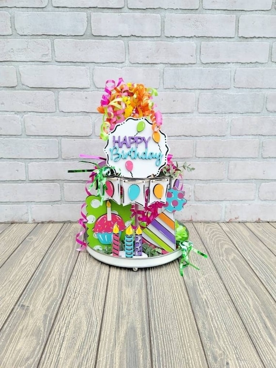 Modern Farmhouse Birthday Tiered Tray Decor Set with Ceramic Mugs