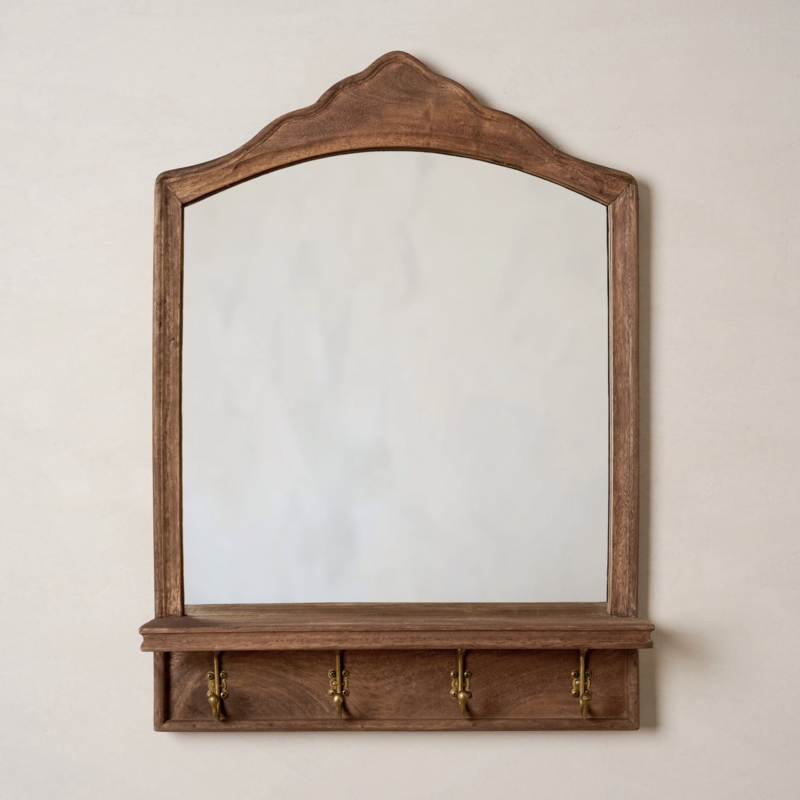 Modern Farmhouse Black Wall Mirror with Wood Toned Shelf and Hooks