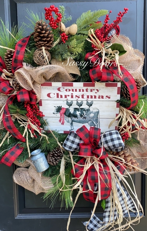Modern Farmhouse Evergreen Wreath with 'Merry Christmas' Sign