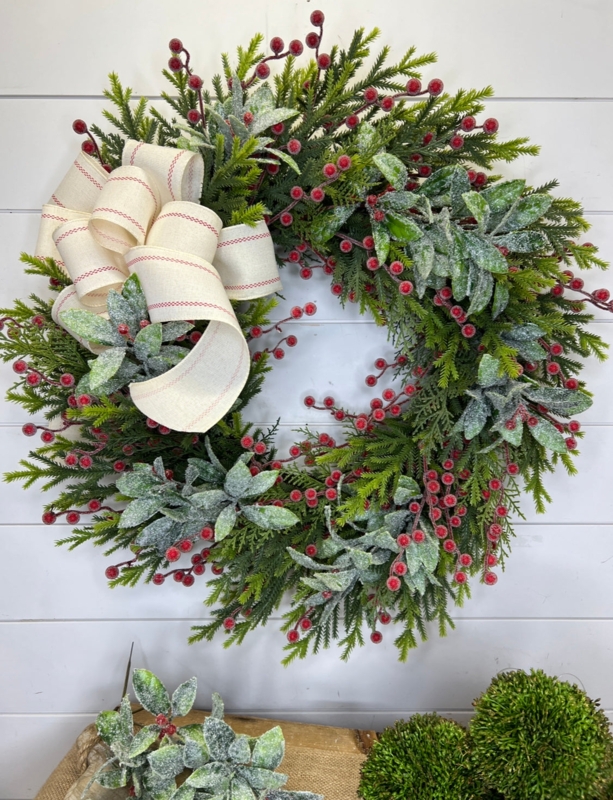 Modern Farmhouse Magnolia and Eucalyptus Wreath with Ticking Stripe Bow