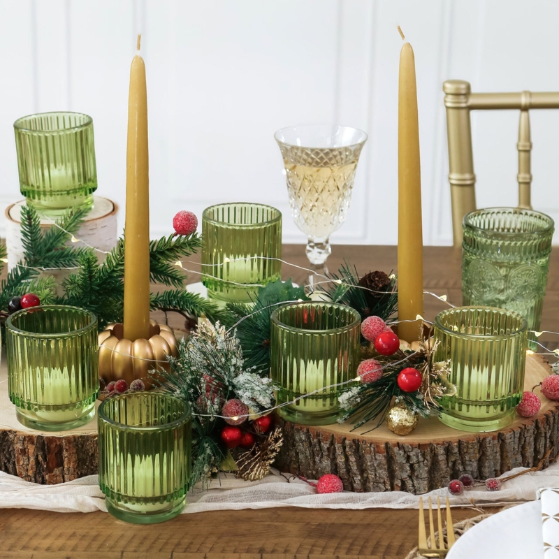 Modern Farmhouse Votive Holders Sage Ribbed Glass Cylindrical Set
