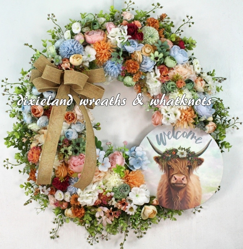 Modern Farmhouse Wreath with Highland Cow Silhouette and Mini Pumpkins