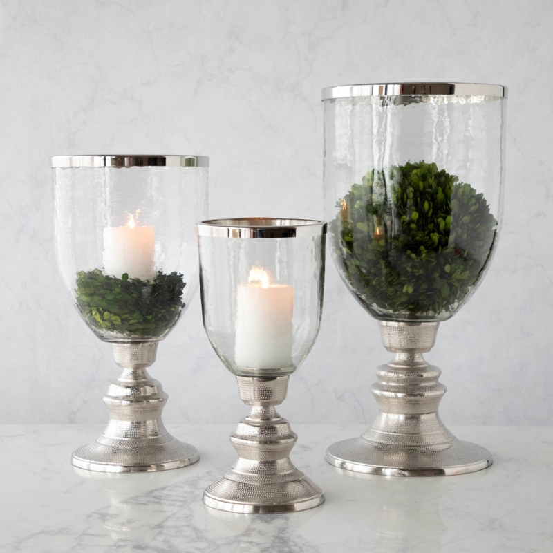 Modern Glass Hurricane Set Dark Circular Pedestals Graduated Heights