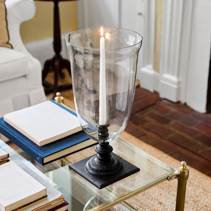 Modern Hurricane Holder with Fluted Glass and Striated Tapered Base