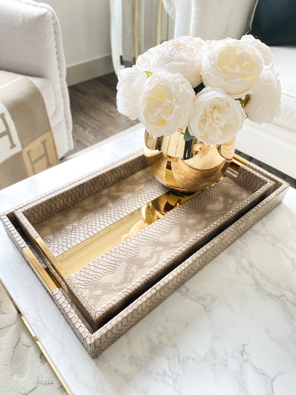 Modern Leather Coffee Table Trays Brown with Gold Stripe Set