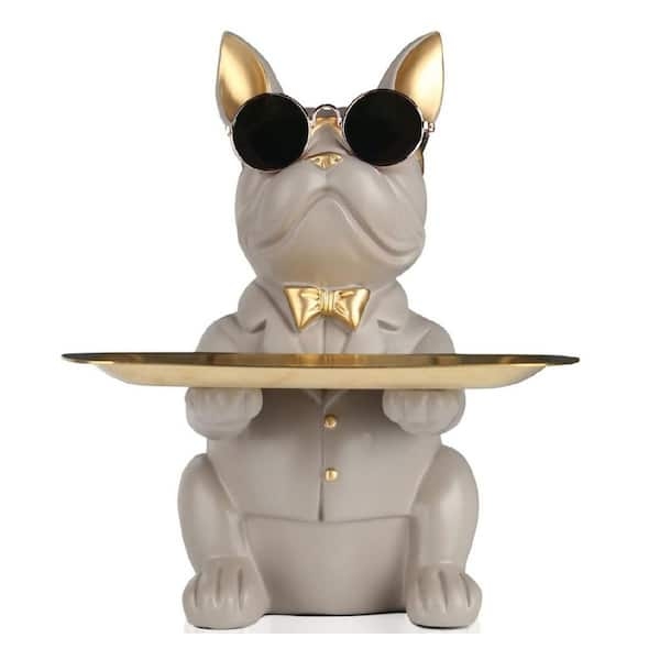 Modern Matte Gray Bulldog Tray Statue with Gold Accent (59 characters)