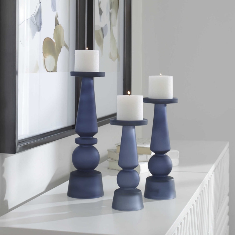 Modern Midnight Blue Glass Candle Holder Trio Staggered Heights