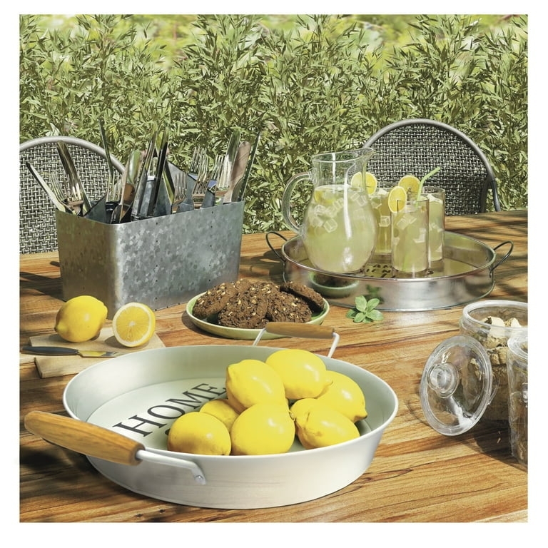 Modern Round Decorative Tray White Metal Wood Handles Raised Rim Scandi