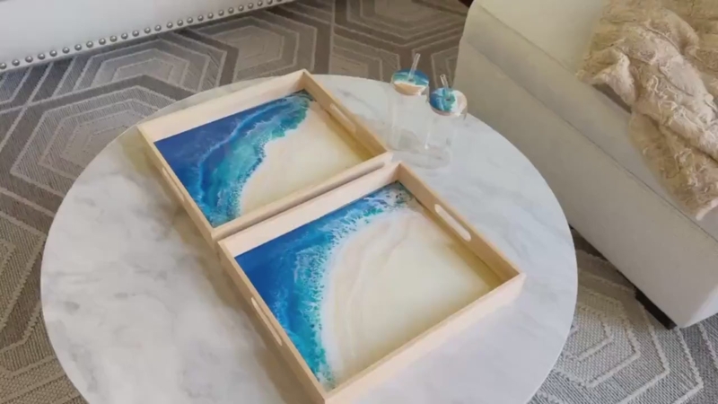 Modern Turquoise Fluid Art Serving Tray with Glossy Resin Surface
