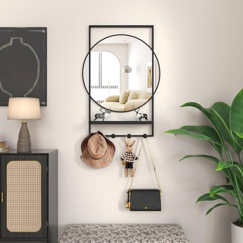 Modern Wood Toned Wall Mirror with Rounded Corners, Shelf and Hooks