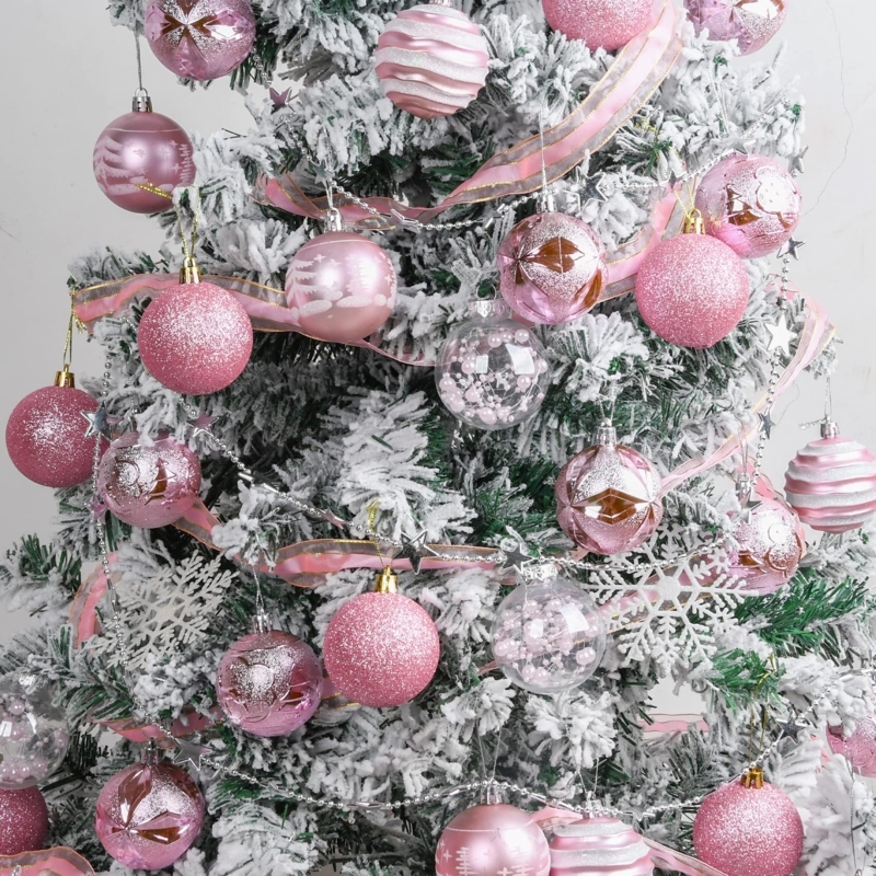 Monochromatic Pink Christmas Ornaments: Mixed Matte, Glossy, Glitter Finishes.
