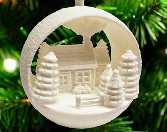 Monochromatic White Ornament: 3D Cabin & Pine Tree Scene