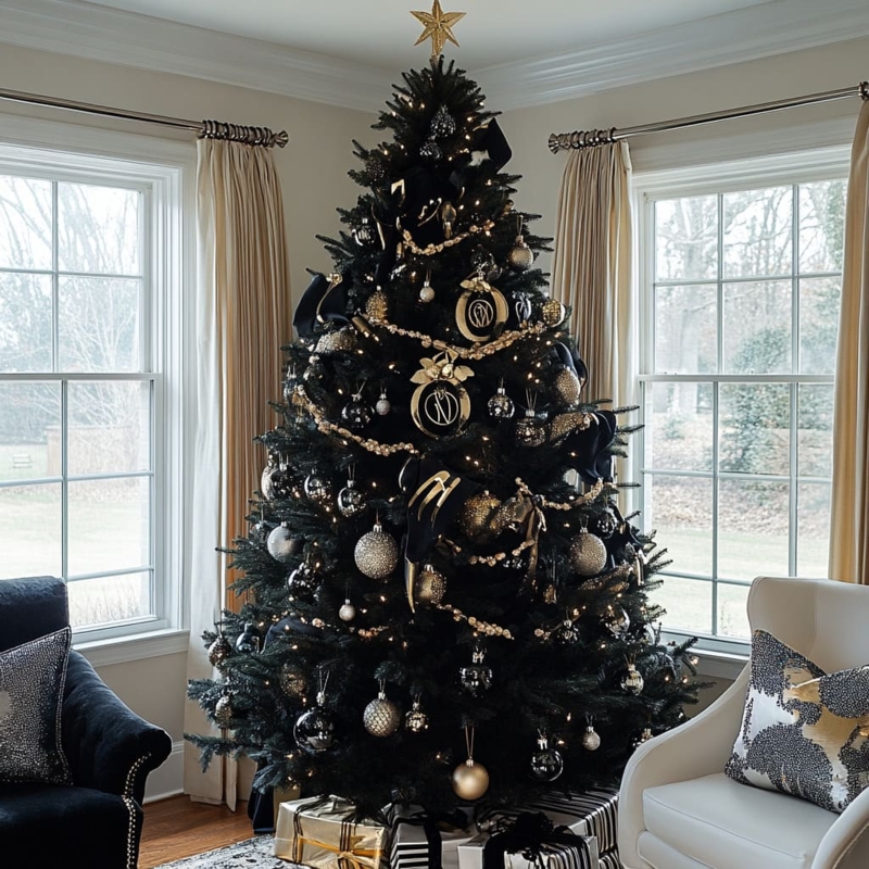 Monogrammed Christmas Tree Ornaments Gold Silver Black Glam Style