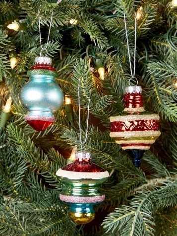 Multi-Shape Striped Glass Ornaments in Traditional Holiday Colors