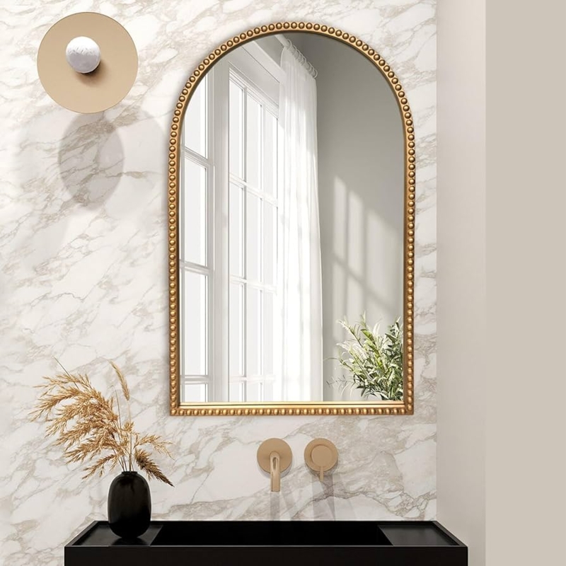 Narrow Wall Mirror: Arched with Metallic Finish and Beaded Frame