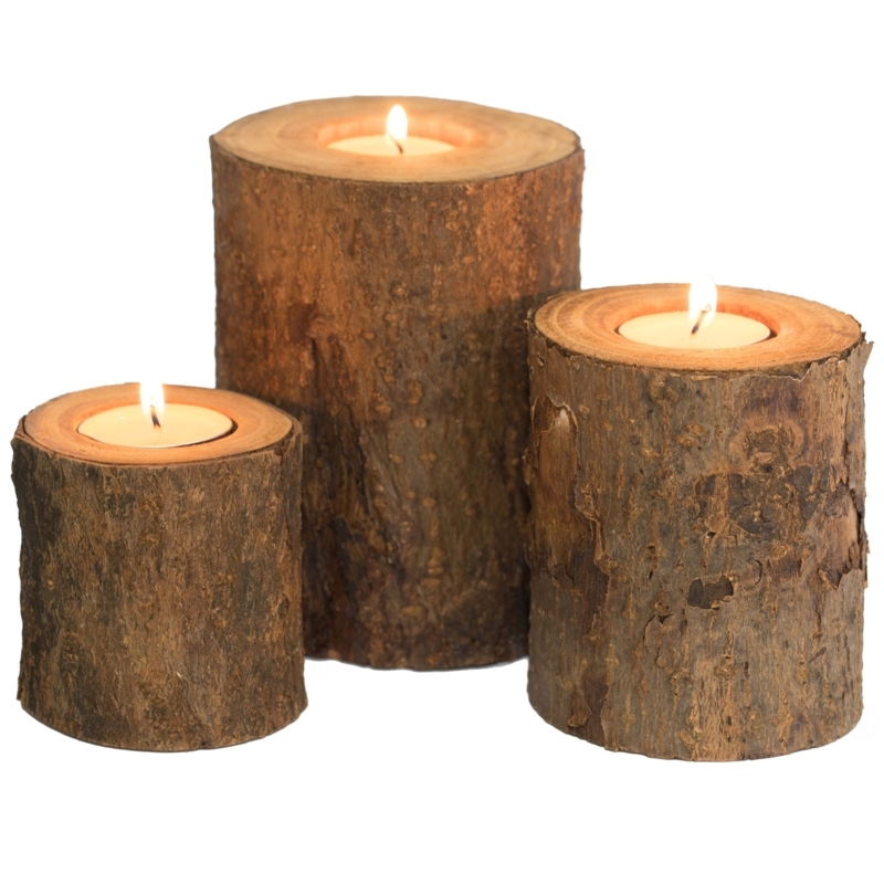 Natural Bark Tree Stump Candle Holder Set for Rustic Decor.