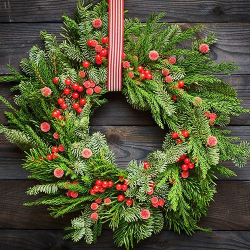 Natural Holiday Wreath with Cedar Foliage, Pinecones and Burlap Ribbon Accent