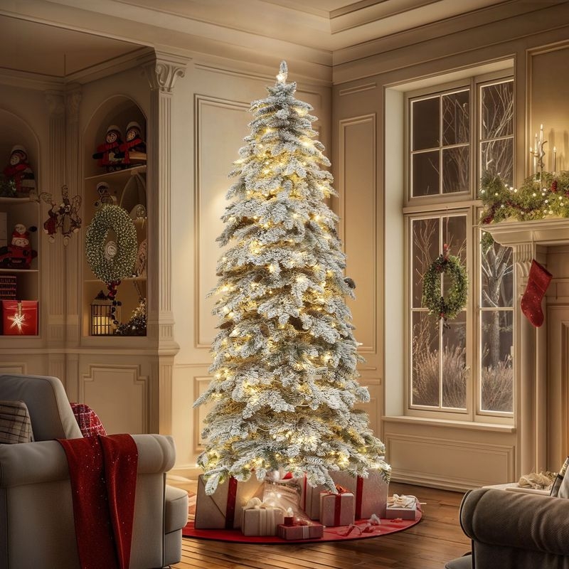 Natural Layered Artificial Tree, Spruce Texture, Warm Ambient Light, 9 Ft