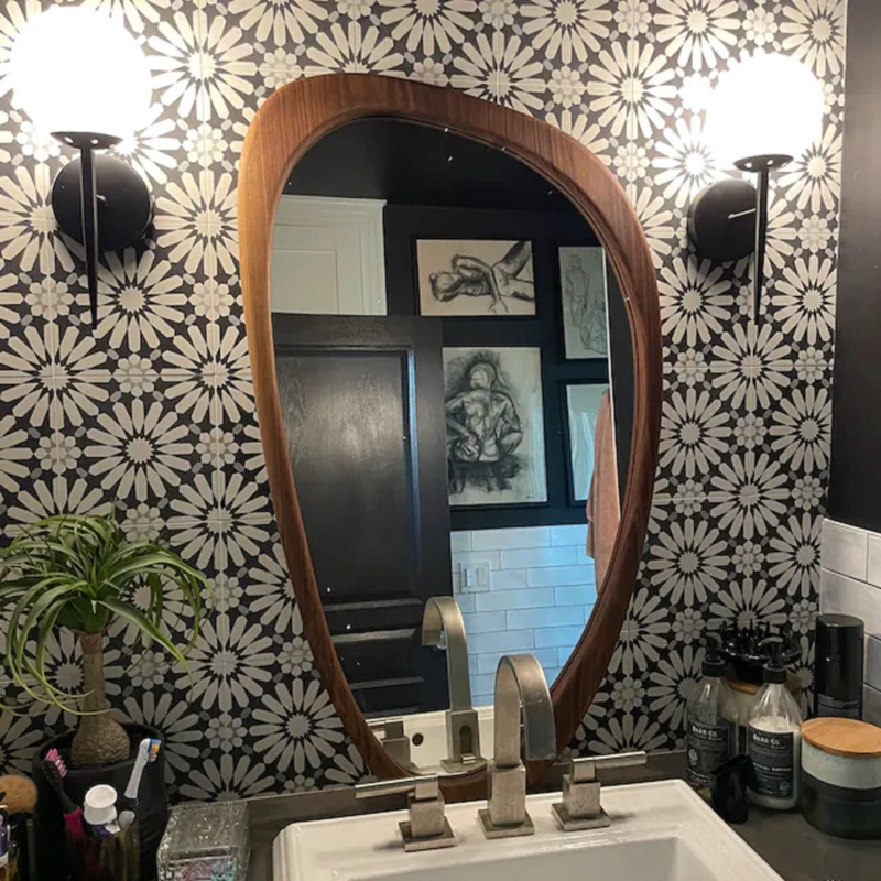 Natural Oak Asymmetrical Wall Mirror, Thin Frame for Organic Modern Decor