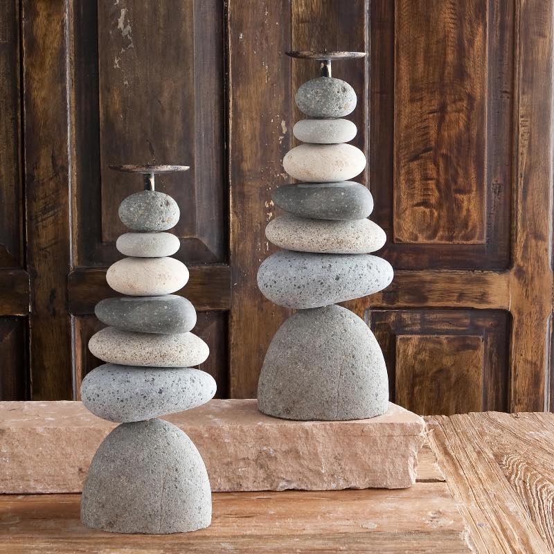 Natural River Stone Candle Holder Set, Earthy Rustic Style