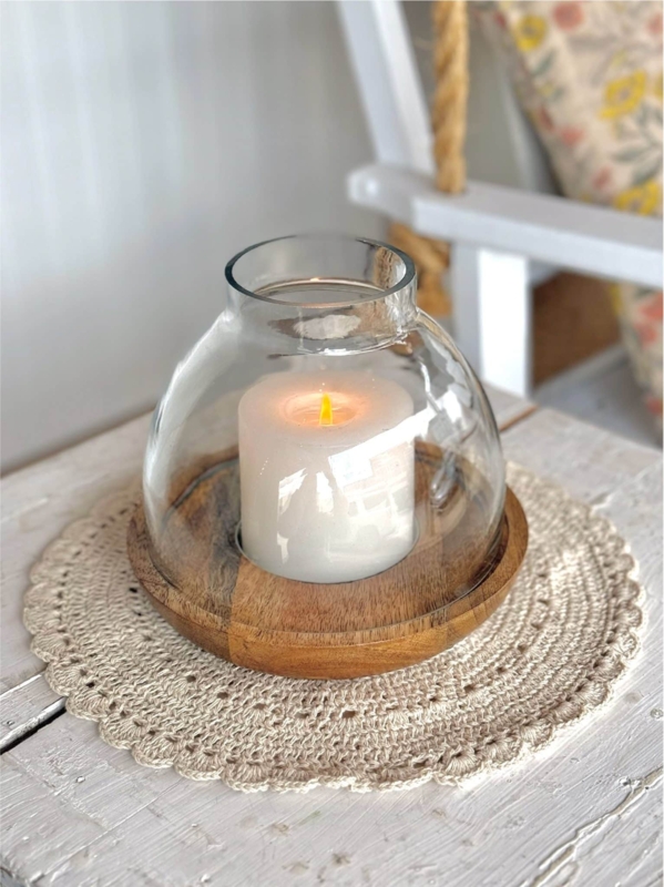 Natural Wood Base Hurricane with Glass Sleeve for Scandinavian Styling