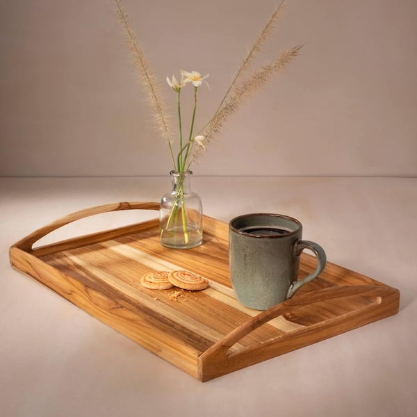 Natural Wood Serving Tray Rectangular Cutout Handles Organic Modern