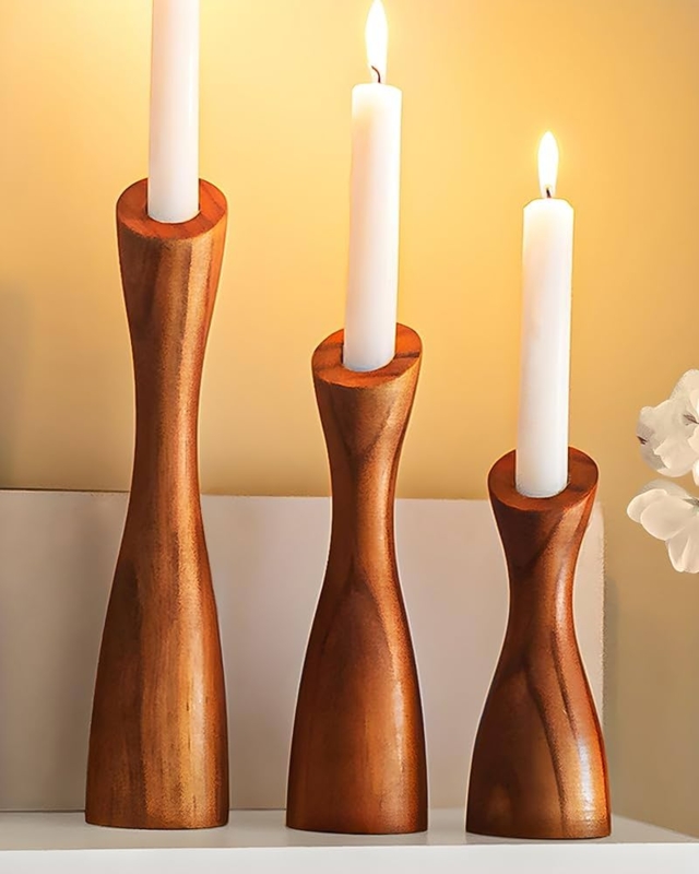 Natural Wood Taper Candle Holder Set Graduated Heights Organic