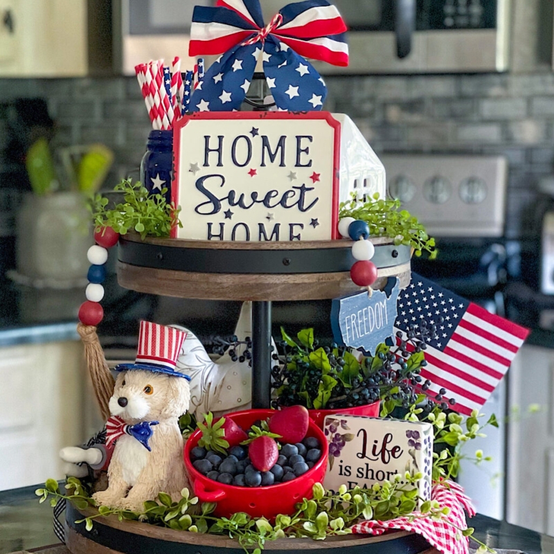 Natural Wood Three-Tiered Tray with Birdhouse and Lemon Accents