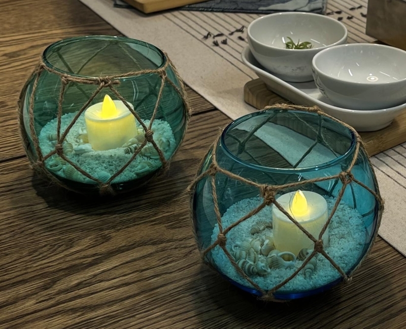 Nautical Glass Candle Holder Fishing Float Design Rope Netting