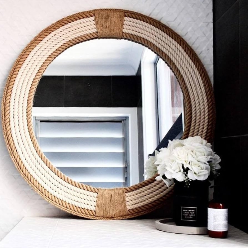 Nautical Round Wall Mirror with Thick Braided Jute Rope Frame