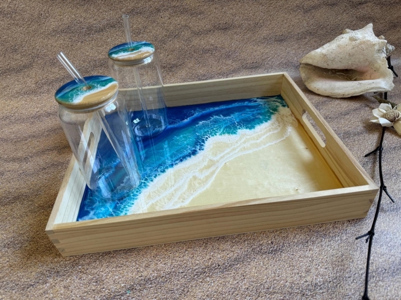 Nautical Wood and Resin Serving Tray with Ocean Wave Art