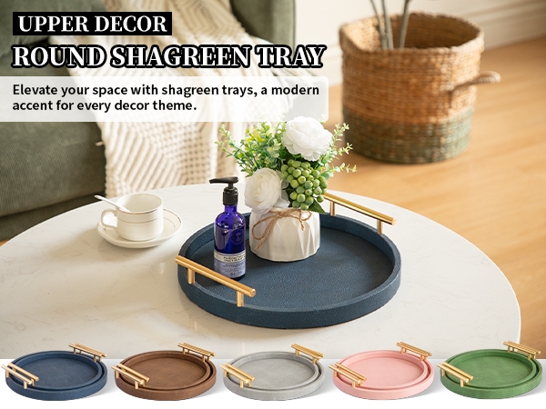 Navy Blue Decorative Tray Shagreen Texture Round Gold Handles