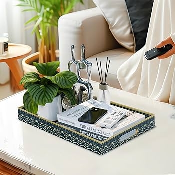 Navy Blue Geometric Serving Tray, Gold Trellis Rectangular Glam