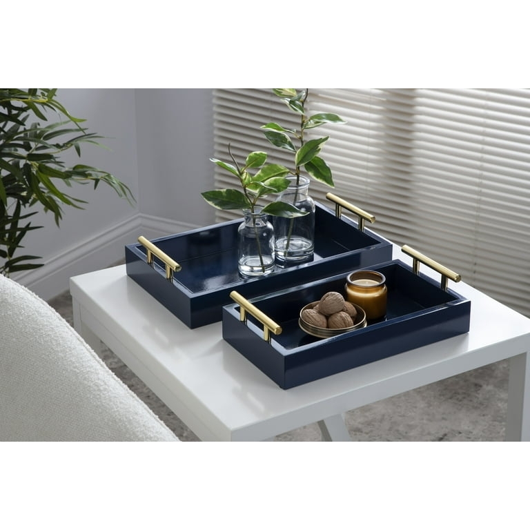 Navy Blue Rectangular Trays (Set of 2), Polished Handles, Coffee Table Decor