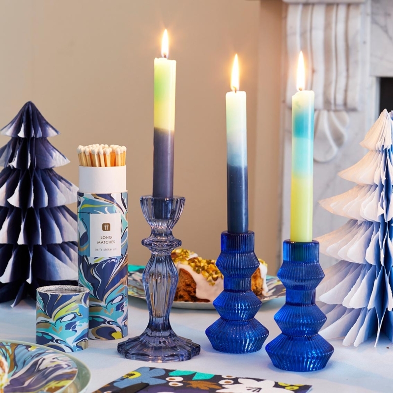 Navy Blue Ribbed Glass Candle Holder Tiered Geometric Geometric Form