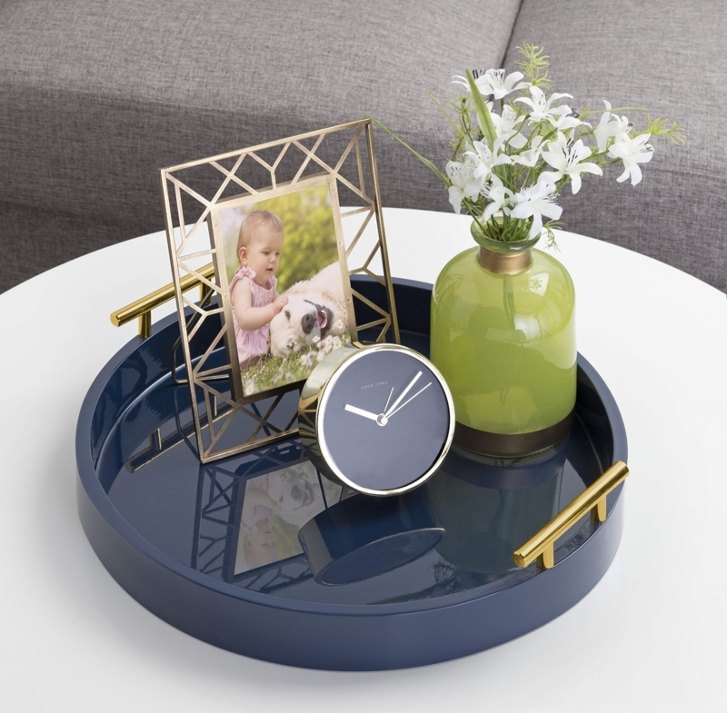 Navy Blue Round Decorative Tray Gold Metallic Rim Accent Storage