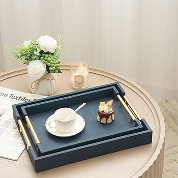 Navy Blue Shagreen Tray Set Rectangular Gold Handles Contemporary