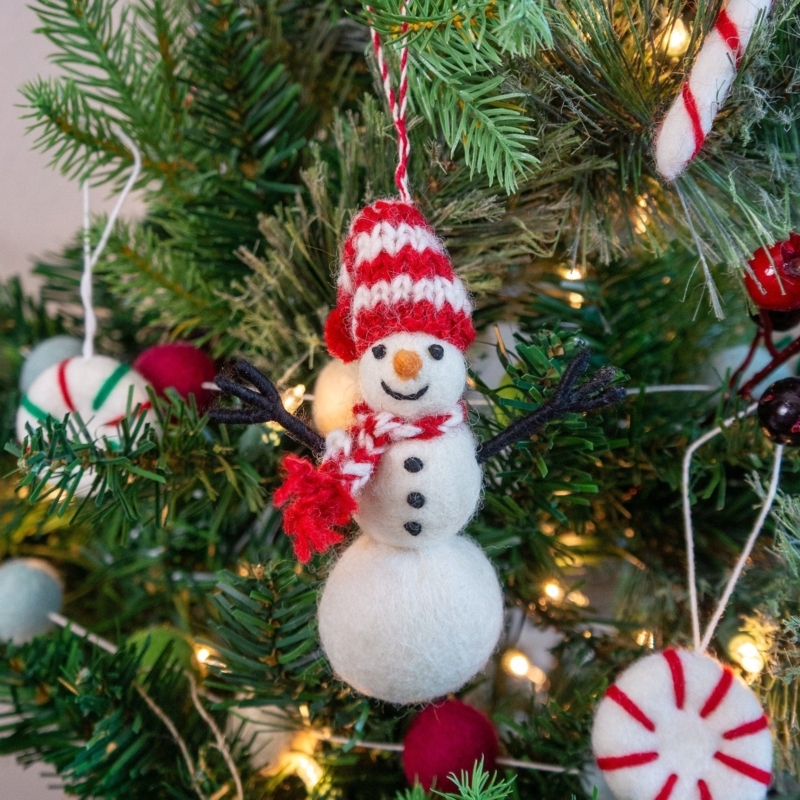 Needle-Felted Wool Snowman Ornament, Eco-Friendly Farmhouse Style