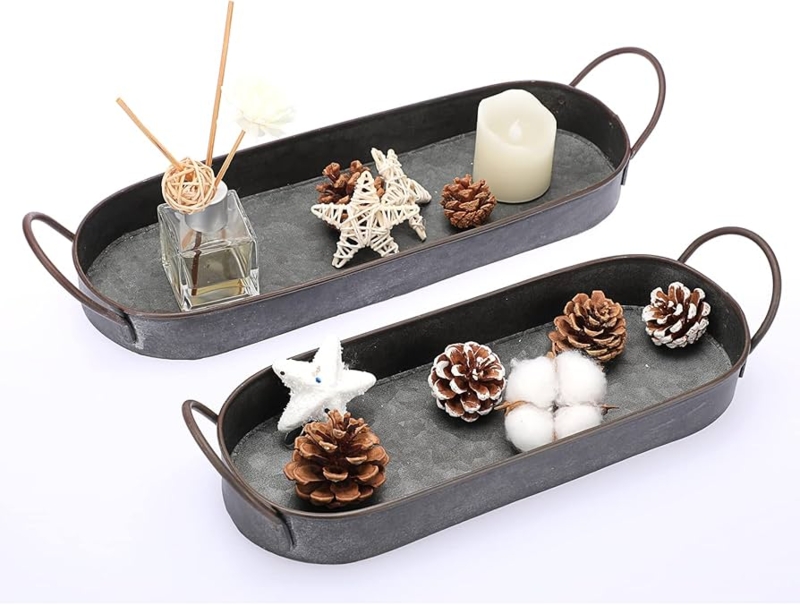Nested Galvanized Serving Tray Set Wood Wrapped Handles Rustic Decor